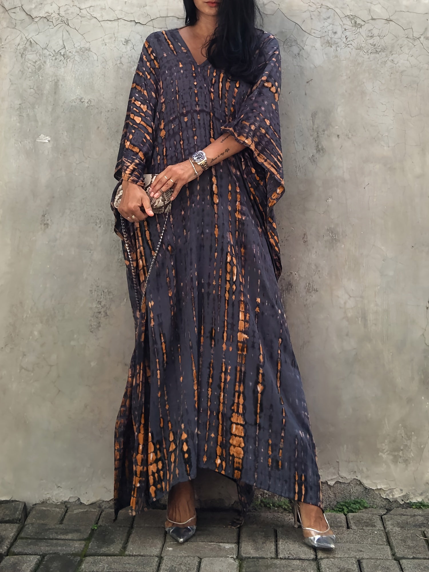 Plus Size Tie Dye Kaftan Dress Casual V Neck Batwing Sleeve