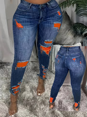Women High Stretch Casual Jeans Large Size Colorful Ripped Holes