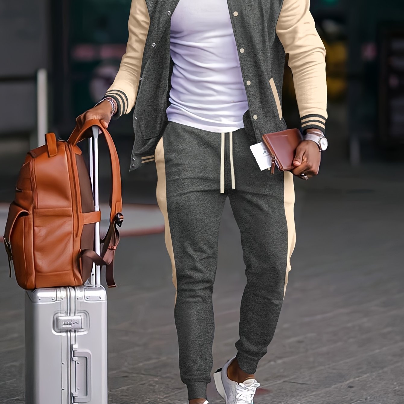 Men's Polyester Color Block Casual Baseball Collar Jacket and Sweatpants Set for Spring Fall