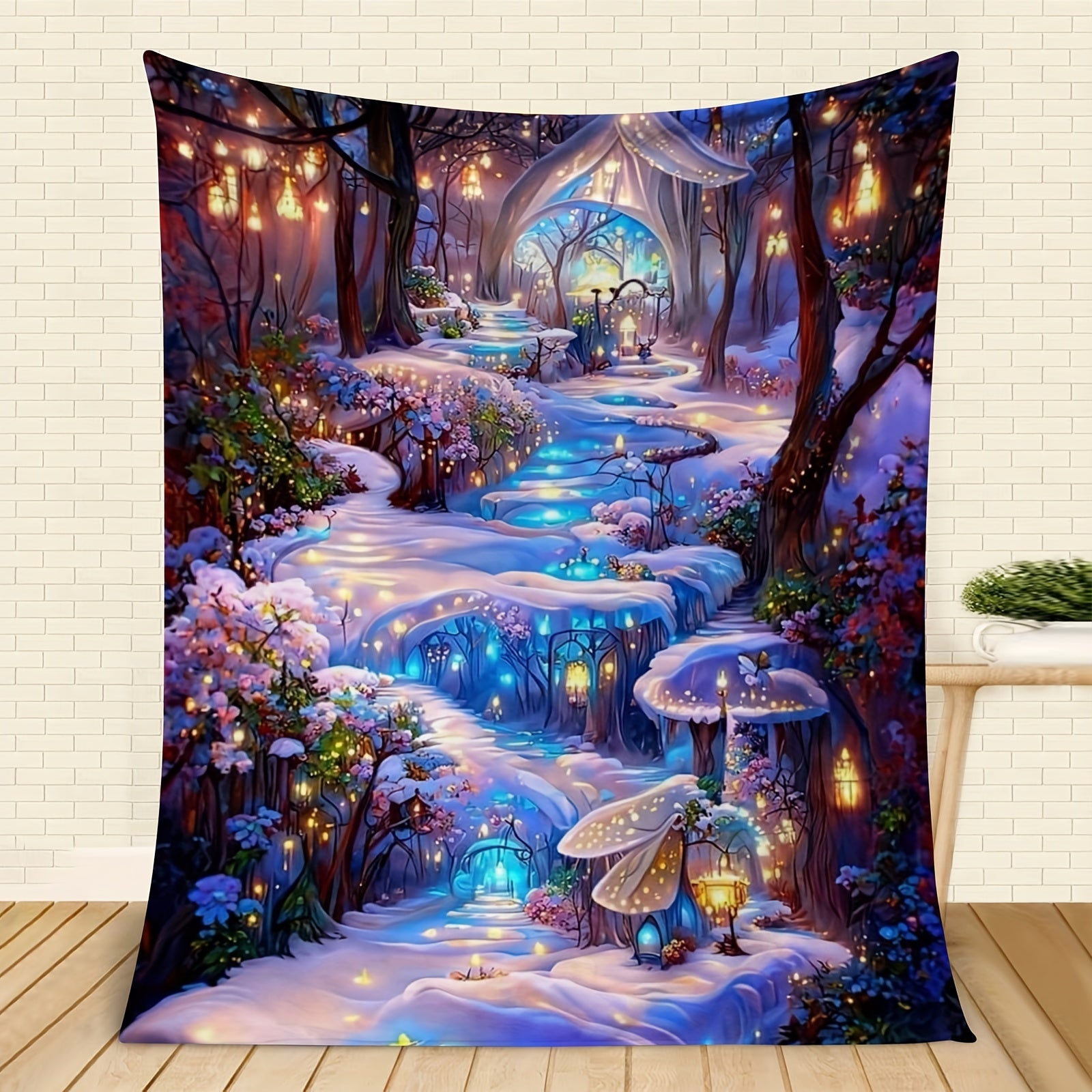 All-Season Forest Night Scene Blanket Flannel Digital Print Machine Washable