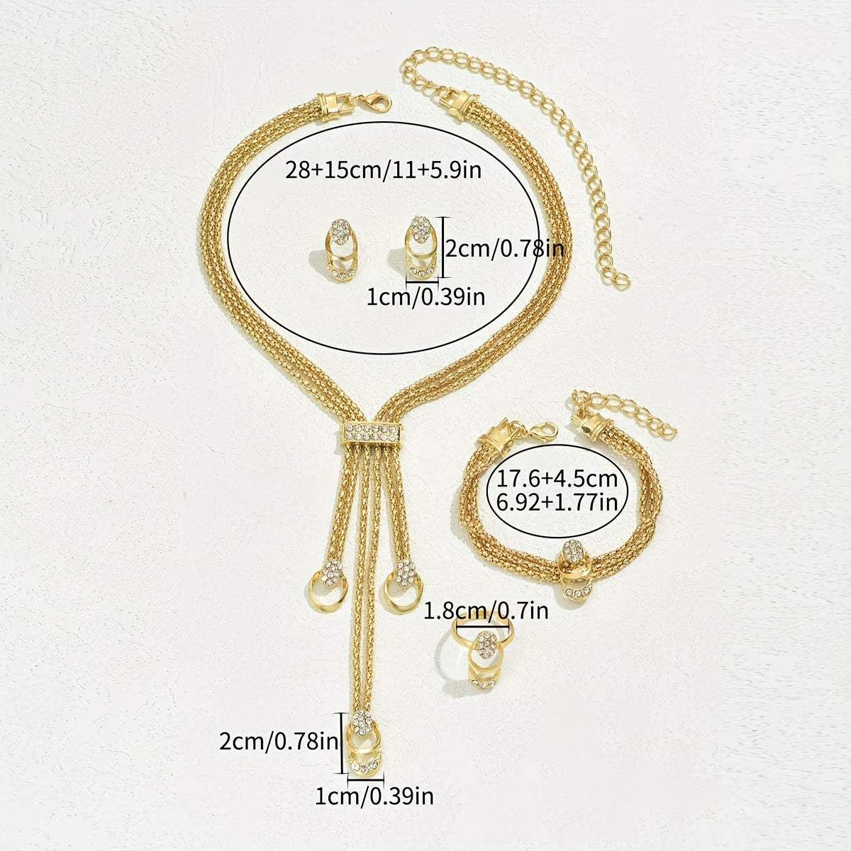 Ayollar uchun 5 ta bo'lakli zargarlik buyumlari to'plami, rhinestone qovurg'a chiziqli taqinchoq, marjon, sirg'a, uzuk