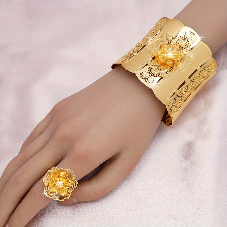 Middle Eastern Bridal Jewelry Set with Hollow Flower Bracelet and Ring for Wedding and Women