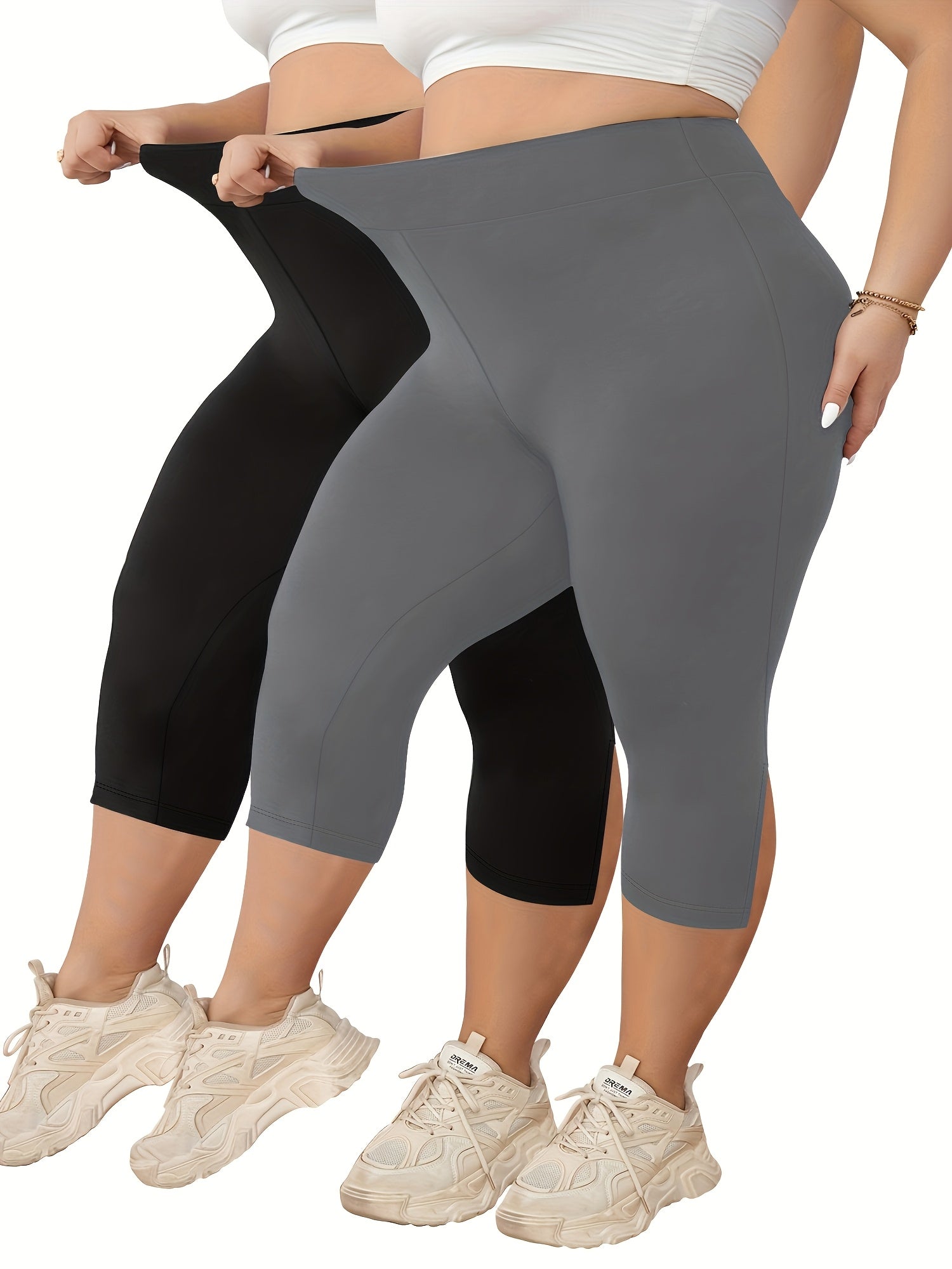 Plus Size High Waist Bermuda Shorts Stretchy Skinny Fit Side Slit Spring Summer