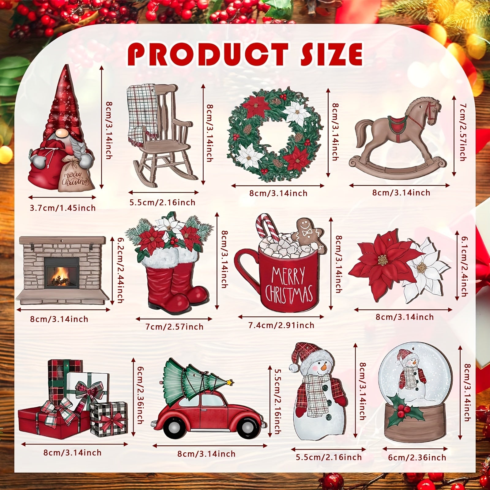 24pcs Vintage Wooden Christmas Ornaments Snowman Dwarf Truck Wreath Holiday Decor