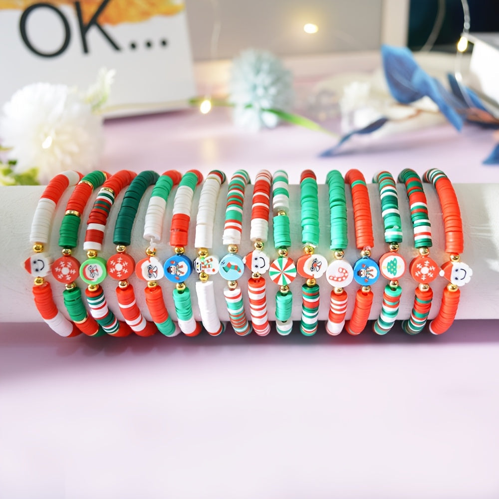 Bayramlik Rojdestvo Charm Bilaguzuklar to'plami, 10 ta sozlanadigan Polimer Silliq Bead Bilaguzuklar bilan