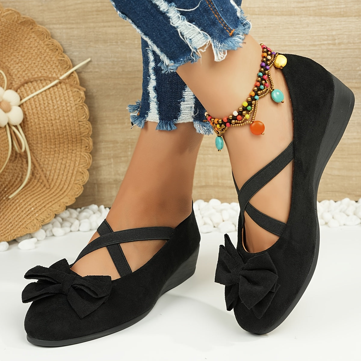 Zapatos planos de ballet negros para mujer con lazo | Zapatos ligeros sin cordones para vestir y casuales