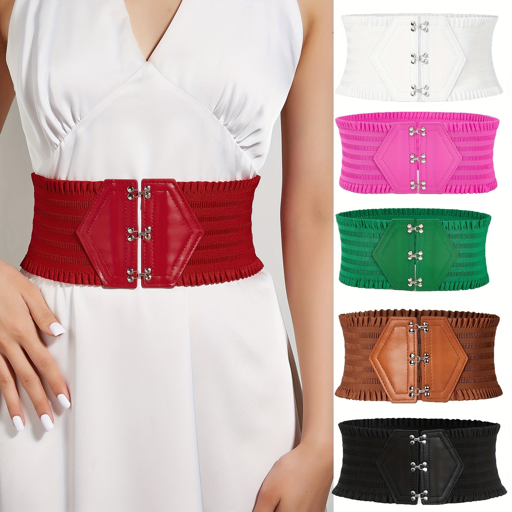 Women's Elastic Waistband Dress Girdle with Candy-Colored Ruffles and Wide Belt