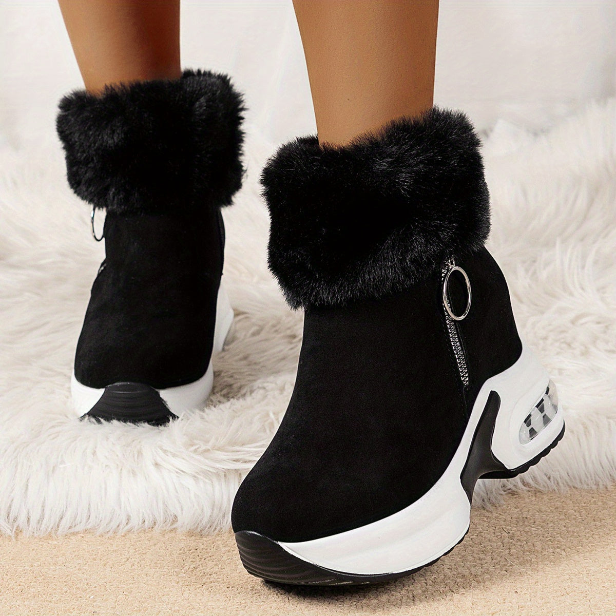 Women's Chunky Platform Boots Black Winter Shoes Non-Slip Heeled Shoe