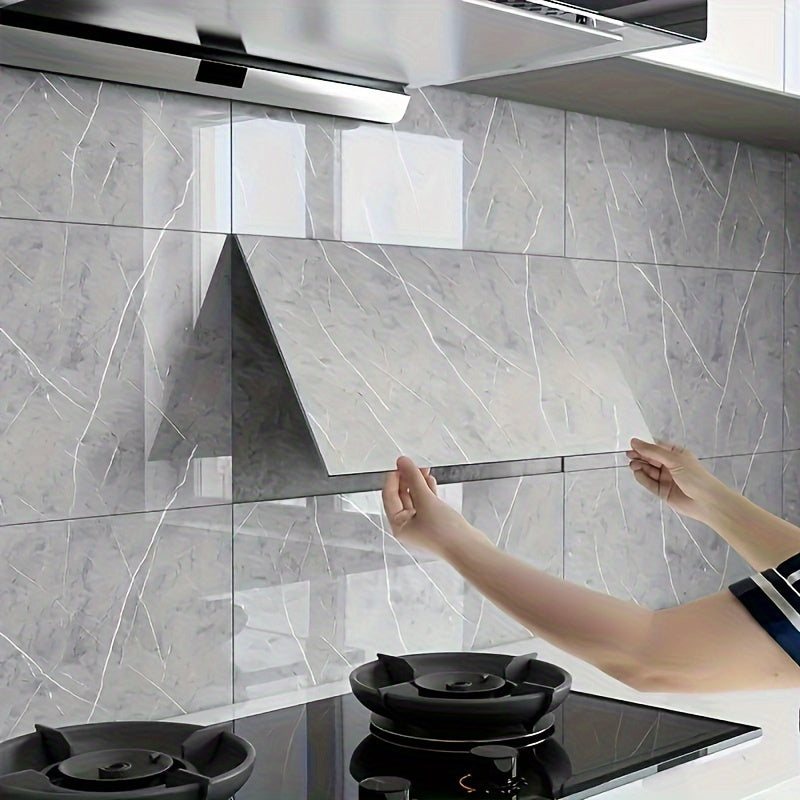 32 pieces of 3D marble pattern self-adhesive wall tiles, waterproof PVC, glossy finish, contemporary style, easy to apply and washable. Can be used for kitchen, living room, and bathroom