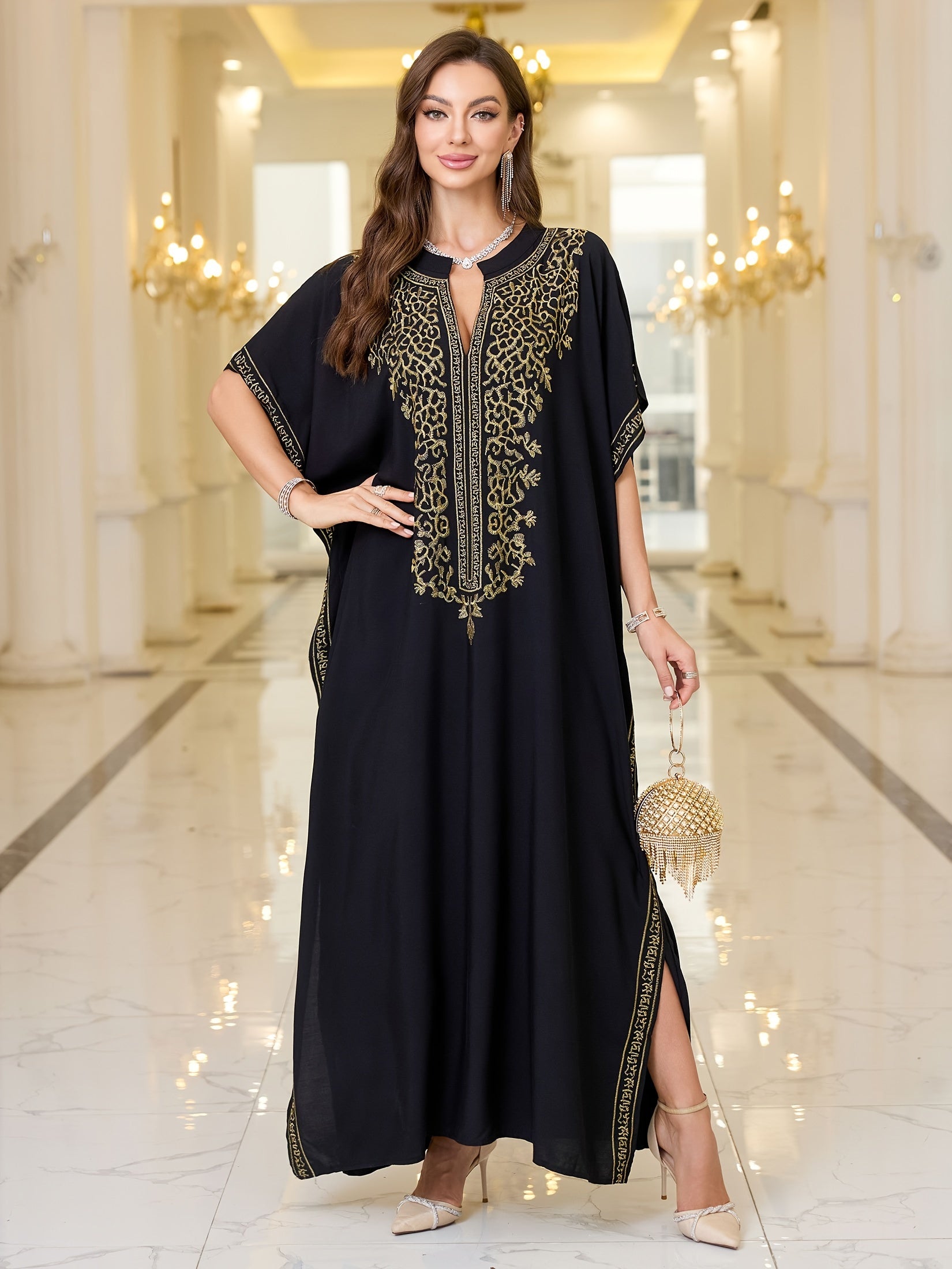 Plus Size Embroidered Loose Kaftan Dress, Batwing Sleeve, Casual Summer Wear