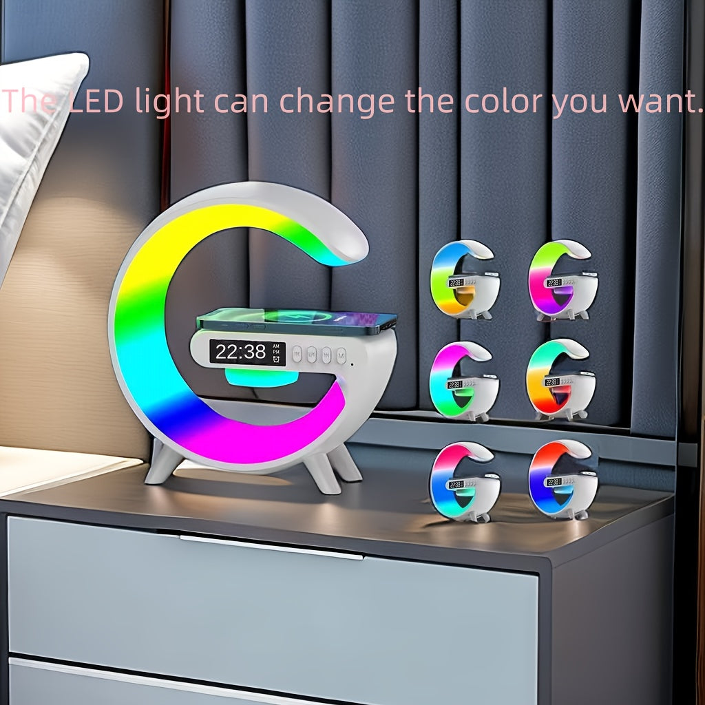 Simsiz zaryadlash, ovoz tizimi, RGB LED chiroqlari, vaqt ko'rsatkich, qo'ng'iroq va TF karta ijro etish funksiyalariga ega ko'p funksiyali muhit lampasi.