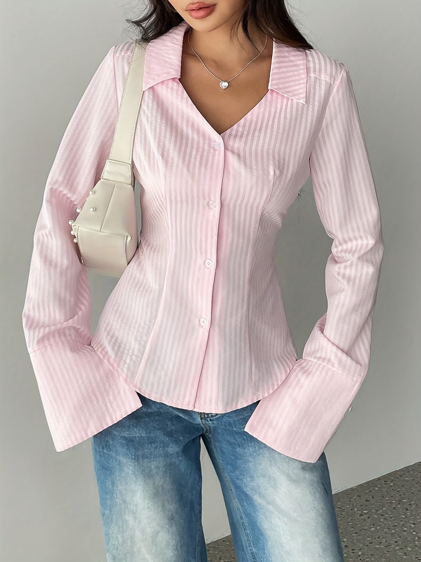 Women's V-Neck Striped Button-Up Shirt Long Sleeve Polyester Spring Fall