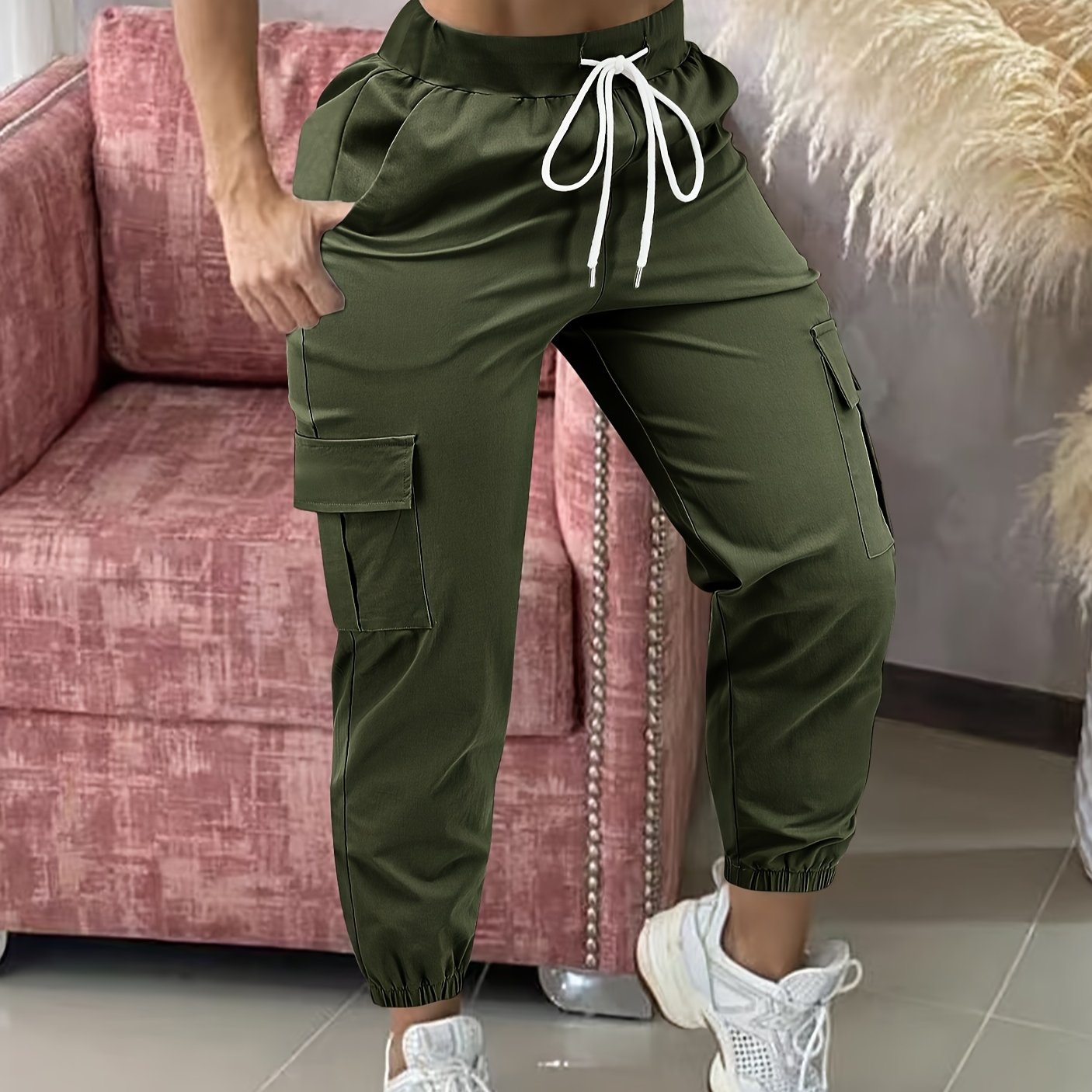 Women's Casual Cargo Pants Polyester Drawstring Waist Solid Color All-Season