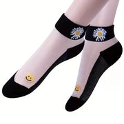 Women's Floral Print Short Socks 5 Pairs Breathable Lightweight Transparent Hosiery