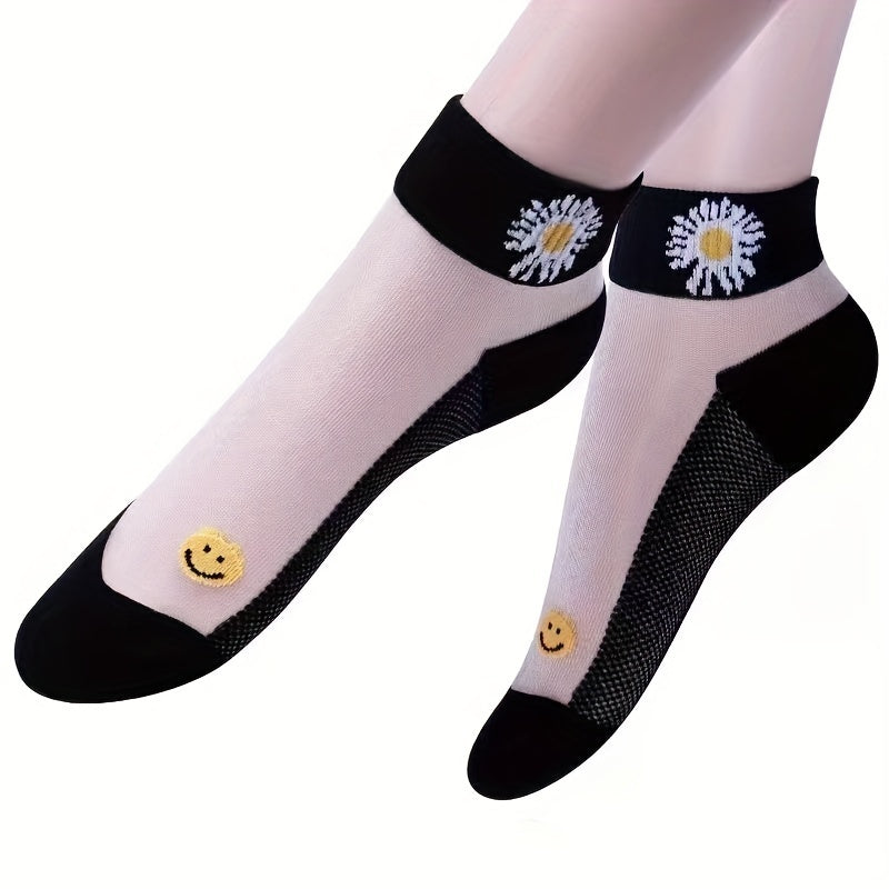 Women's Floral Print Short Socks 5 Pairs Breathable Lightweight Transparent Hosiery