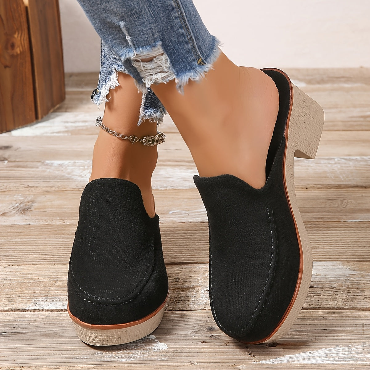 Women's Slip-On Loafers Two-Tone Block Heel Shoes Solid Color Comfortable