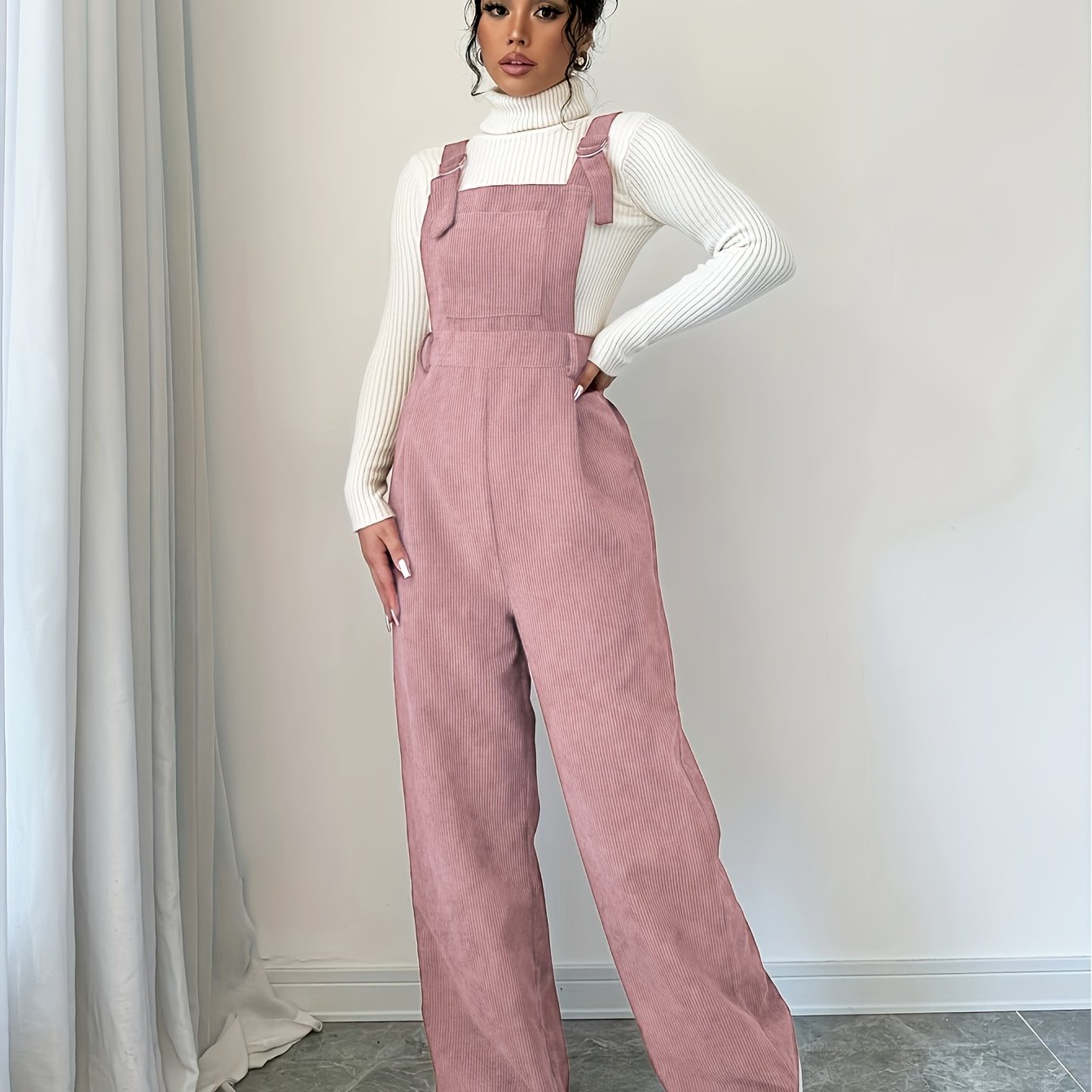 Women's Spandex Polyester Jumpsuit with Wide Straps and Button Details for Fall Winter