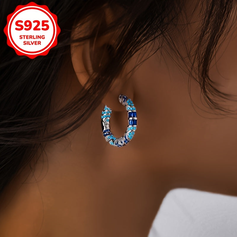 Sterling Silver Tribal Style Hoop Earrings with Blue Cubic Zirconia for Women
