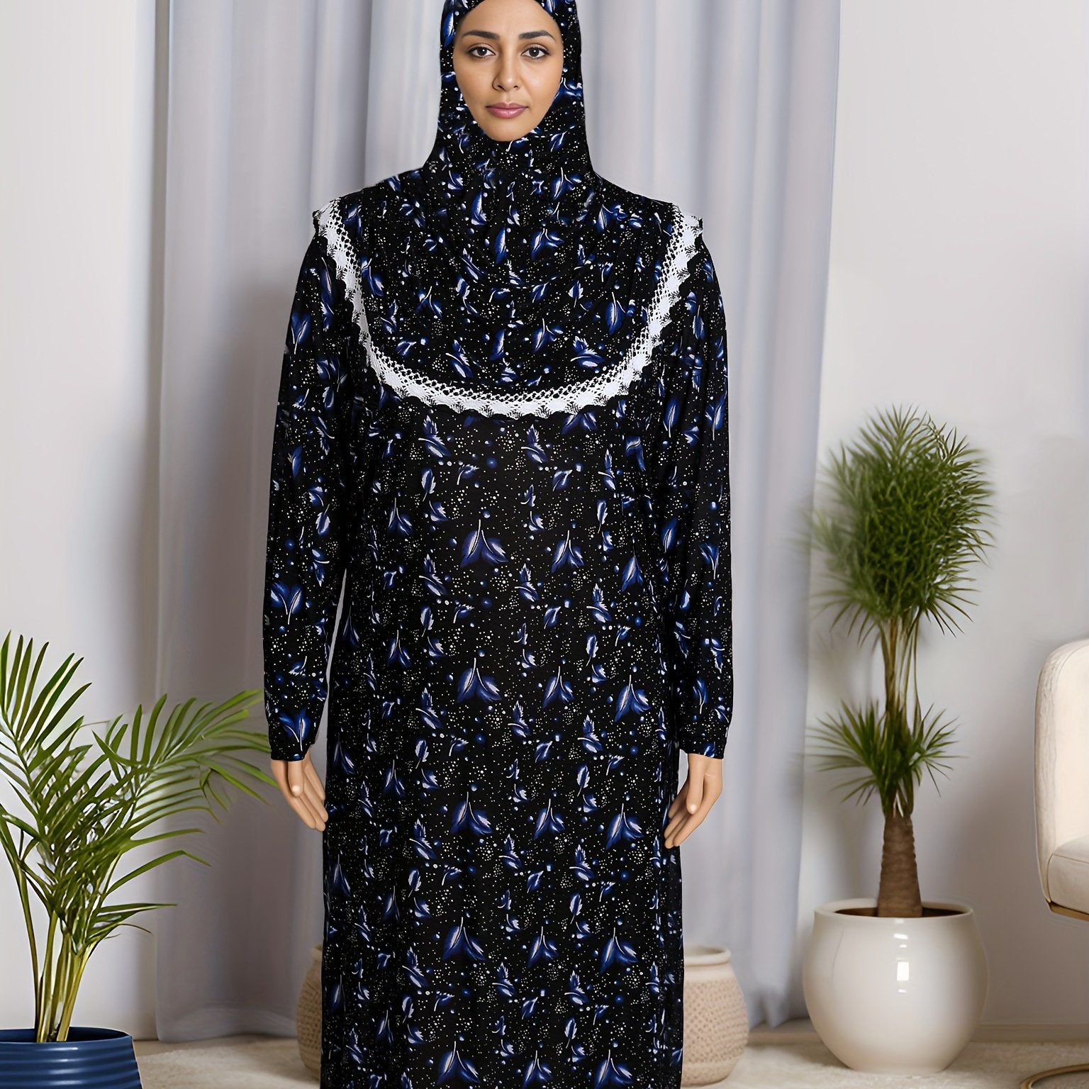 Women's Long Floral Print Loose Fit Robe Polyester Elastane Machine Washable for Ramadan