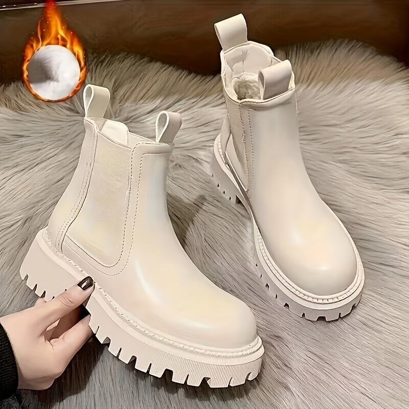 Botines Chelsea de cuero sintético para mujer con forro de peluche para inviernos nevados
