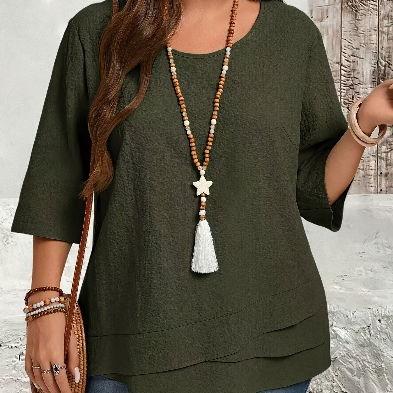 Plus Size Beige Blouse Women’s Casual Formal Top with Asymmetrical Hem