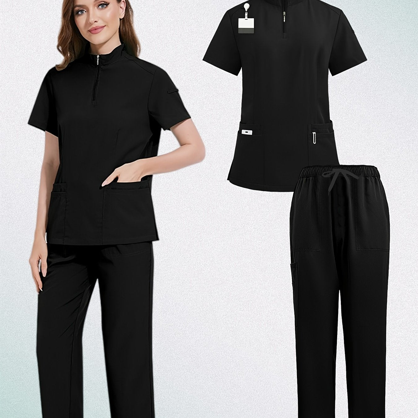Women's Polyester Scrubs Set with Zipper Polo Top and Jogger Pants for Spring