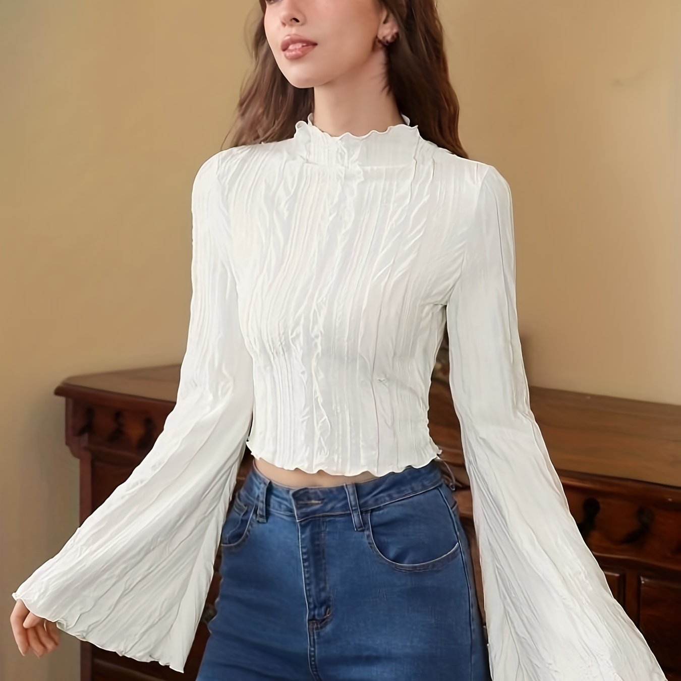 Women's Textured Cropped Top with Flared Sleeves and Lettuce Trim Mock Neck for Spring Fall