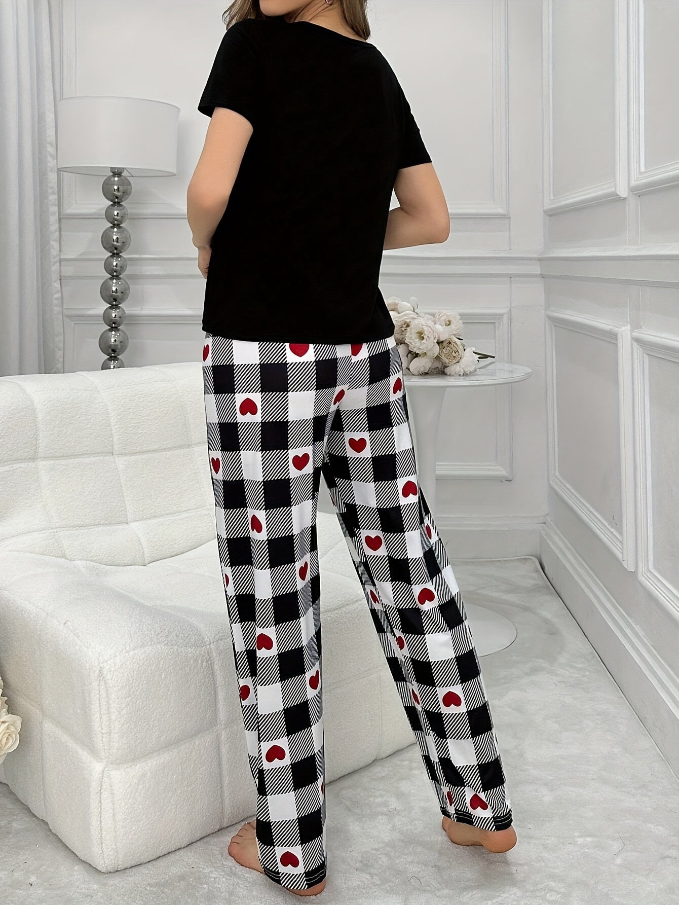 Women's Heart Plaid Pajama Set Short Sleeve Top and Pants Casual All-Season Polyester