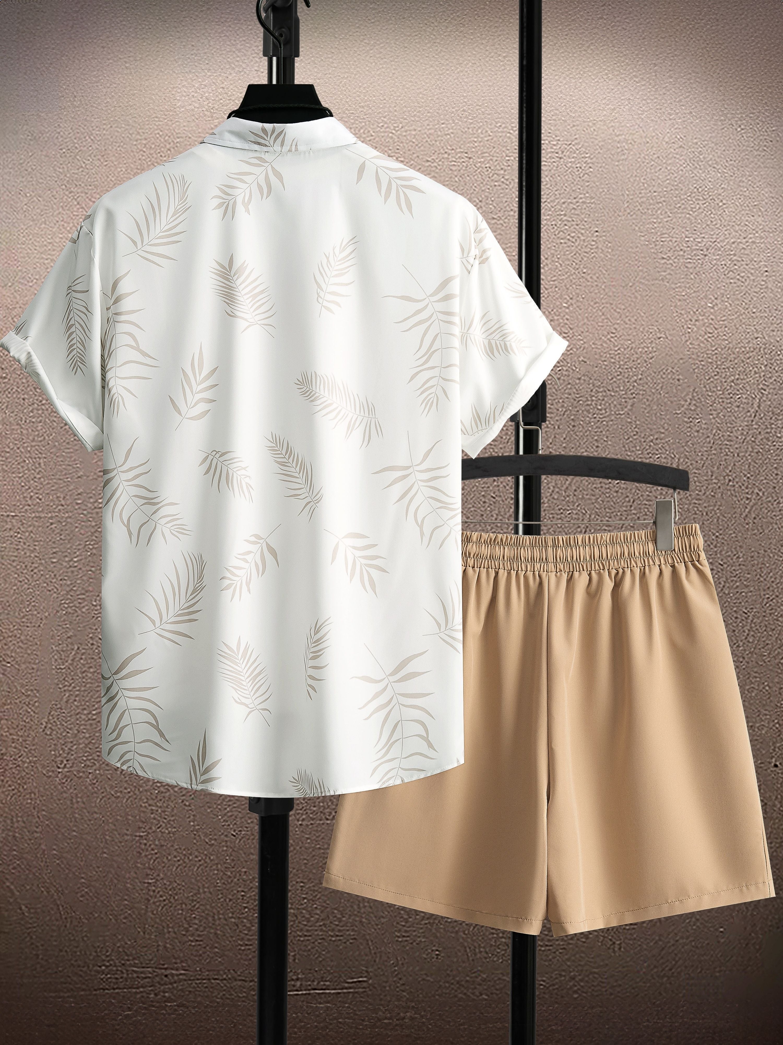 Men's Summer Leaf Print Button-Up Shirt and Drawstring Shorts Casual Outfit