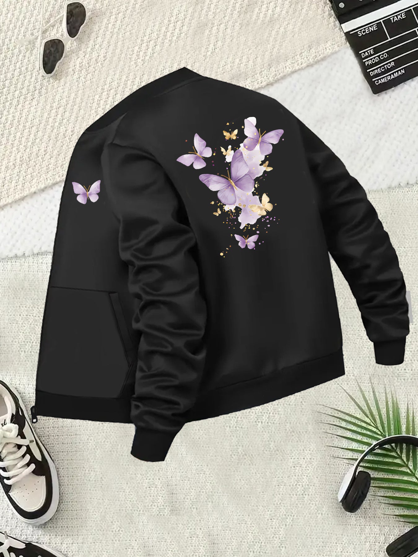 Plus Size Women's Casual Butterfly Print Baseball Collar Jacket Long Sleeve Spring Fall Outerwear