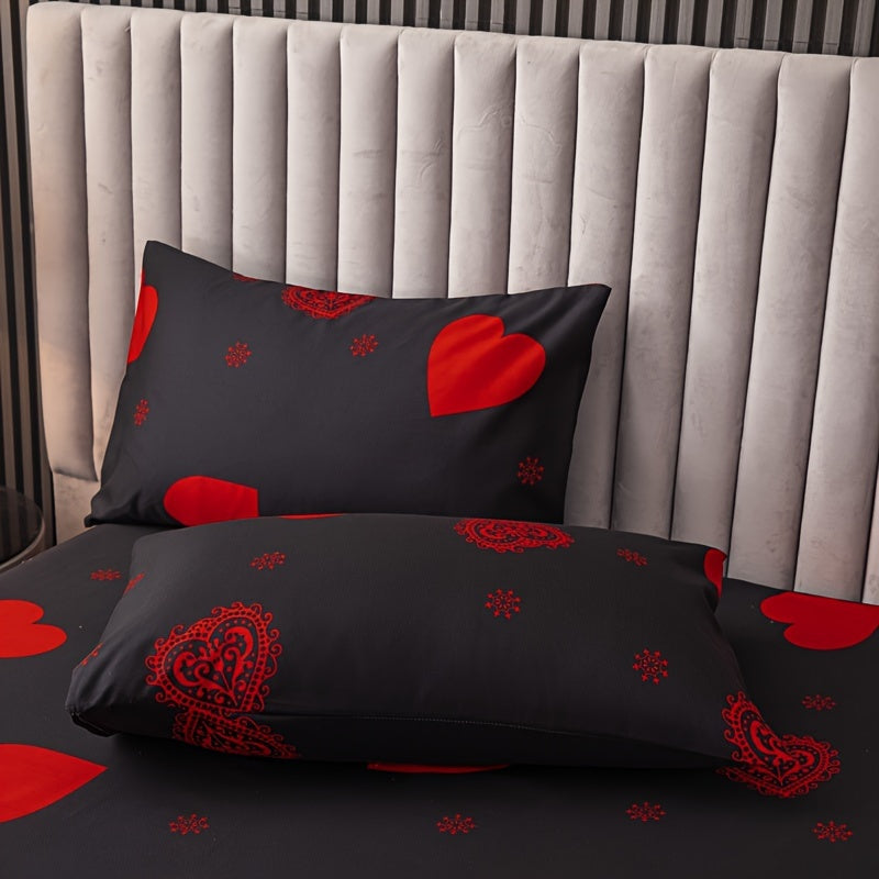Juego de ropa de cama festiva de 3 piezas, patrón de corazones, funda nórdica y fundas de almohada, poliéster felpa