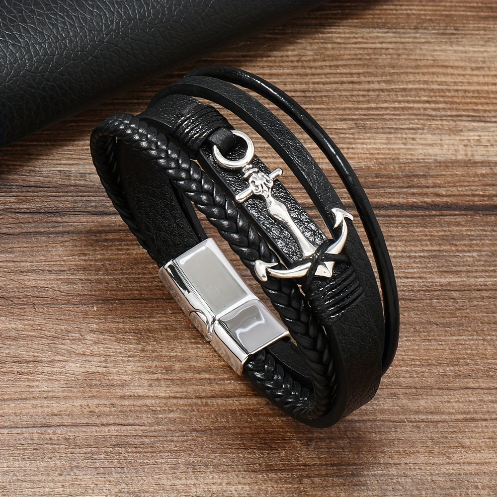 Minimalist Anchor Leather Bracelet for Men Black PU Leather Jewelry
