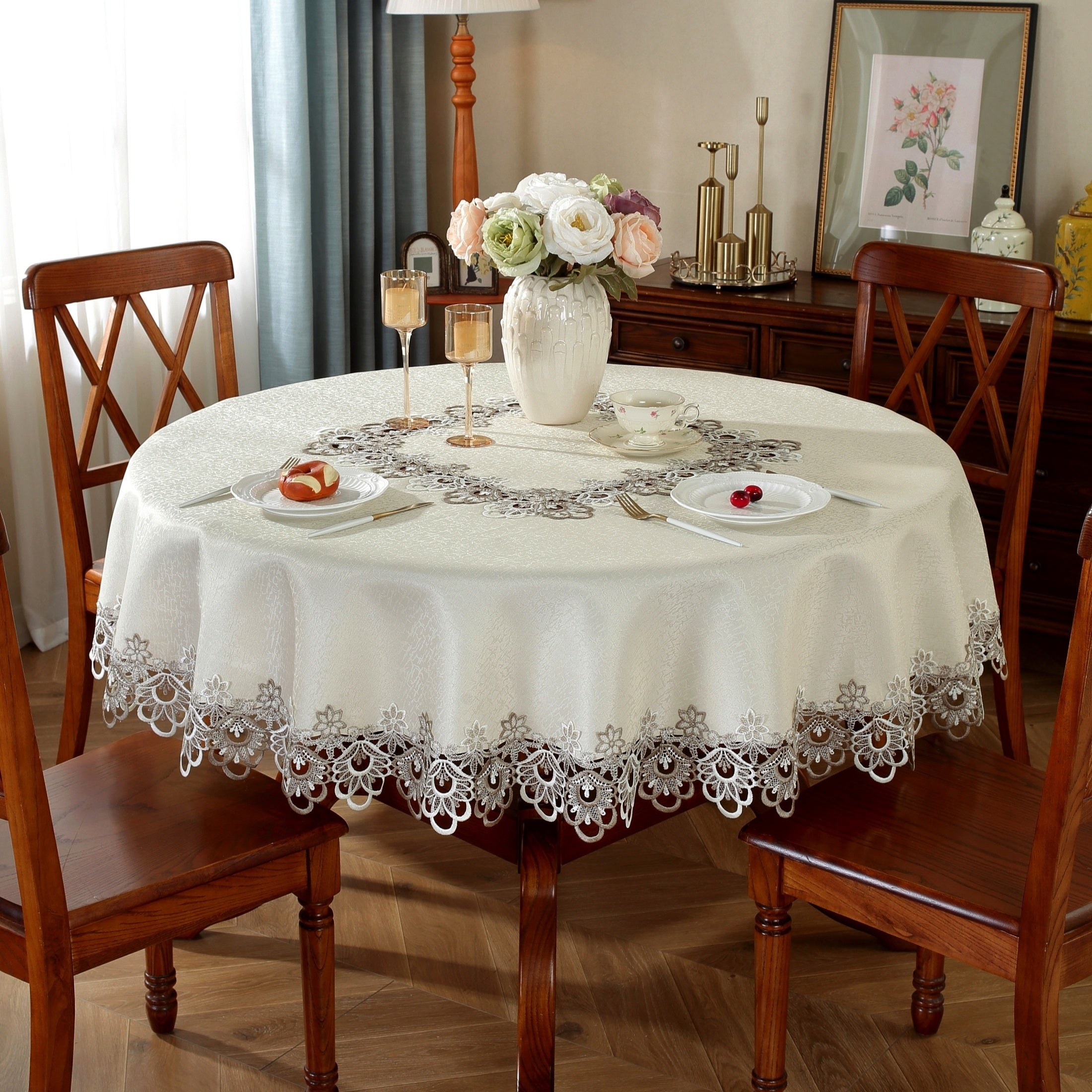 Polyester Round Tablecloth with Lace Border for Weddings and Events in Multiple Sizes