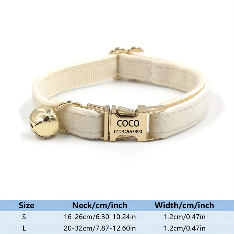 Collar de gato de terciopelo ajustable con placa con nombre y placa de identificación grabada para mascotas pequeñas y medianas