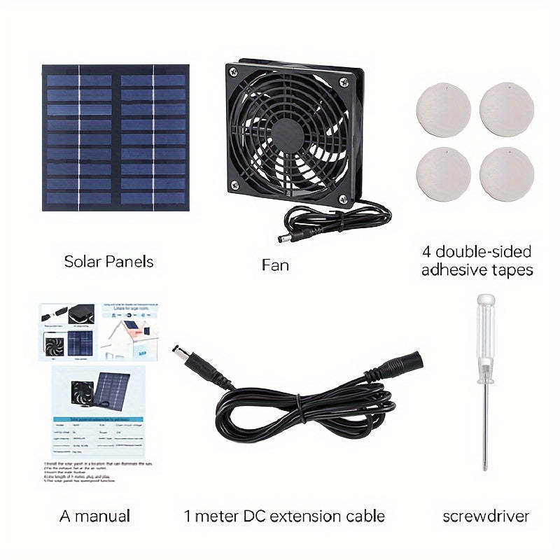 Portable Solar-Powered Fan Kit with 2W9V Panel, Ventilation, and Extension Cord