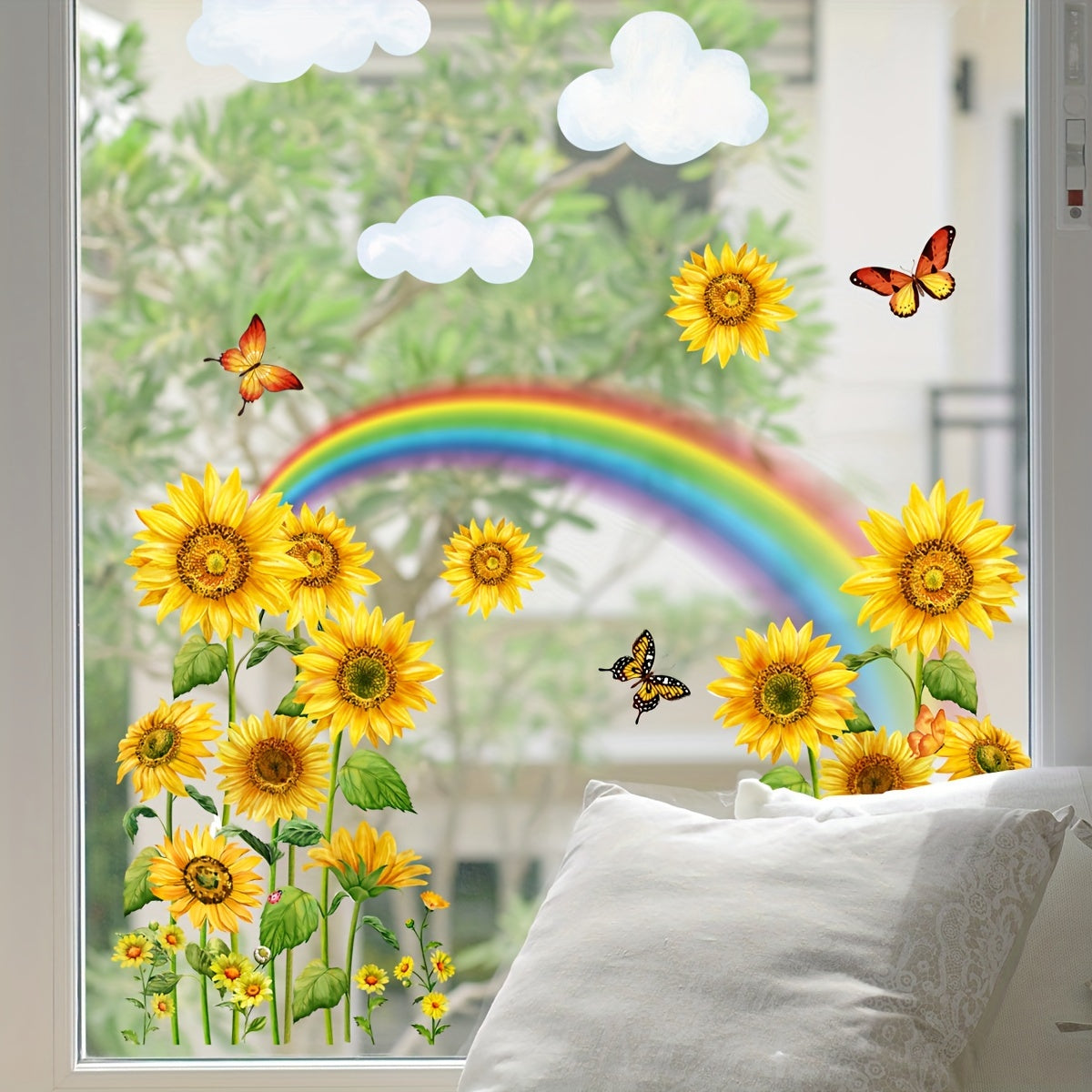 Double-Sided Sunflower and Rainbow Butterfly Window Decal Self-Adhesive PVC Sticker