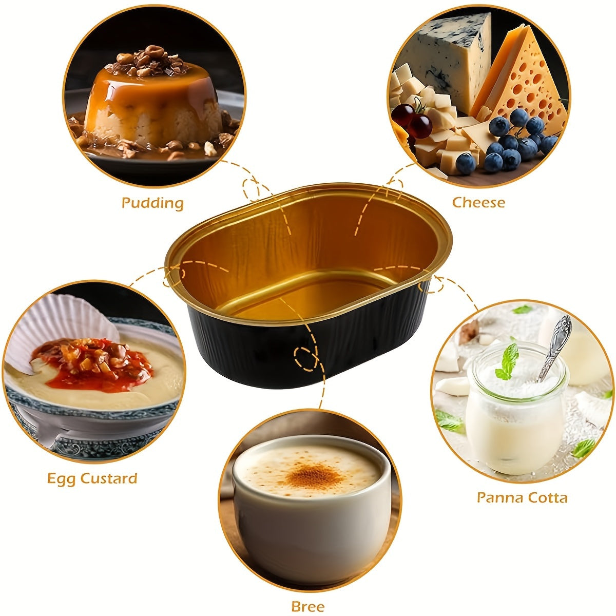 Molde de aluminio en oro y negro con tapas transparentes para mini cheesecakes y cupcakes