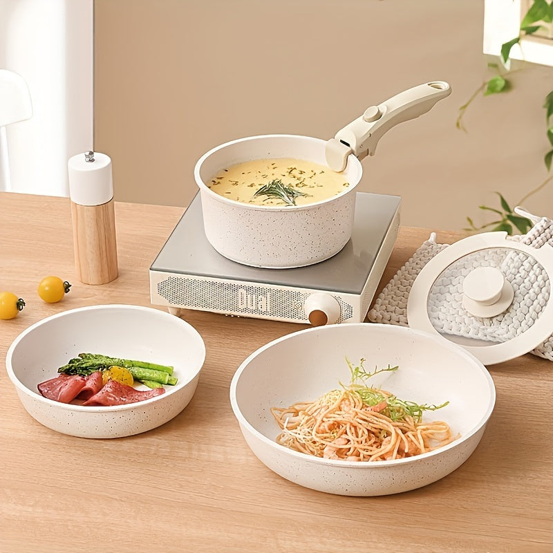 Juego de utensilios de cerámica beige de 5 piezas, antiadherente, PFOA PFAS, para autocaravana, asas removibles