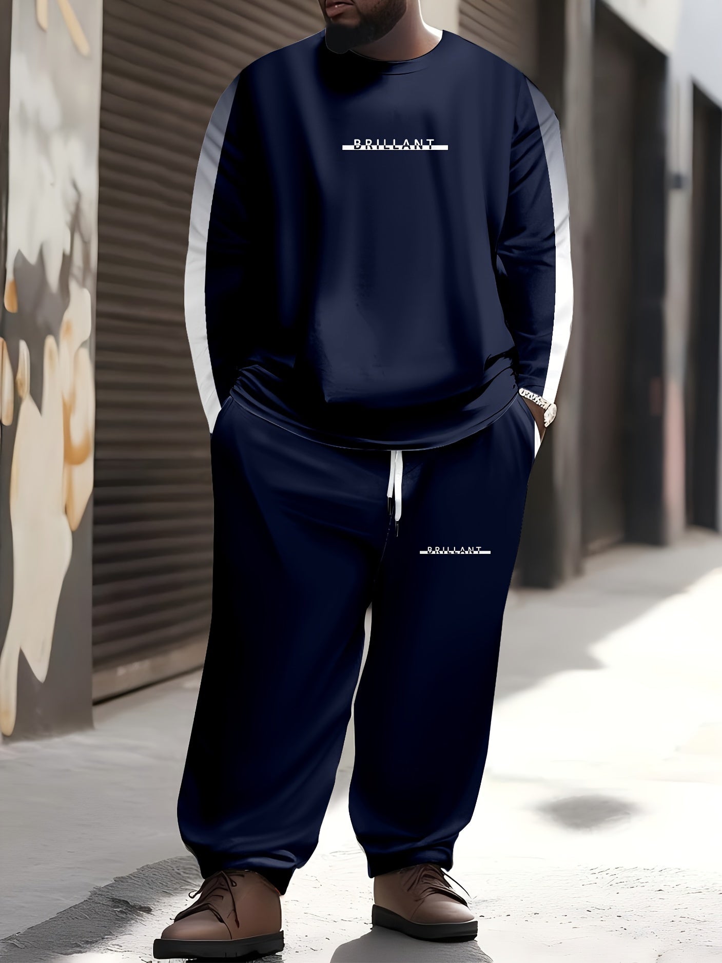 Plus Size Men's Casual Suit Long Sleeve Top and Pants Polyester Knit