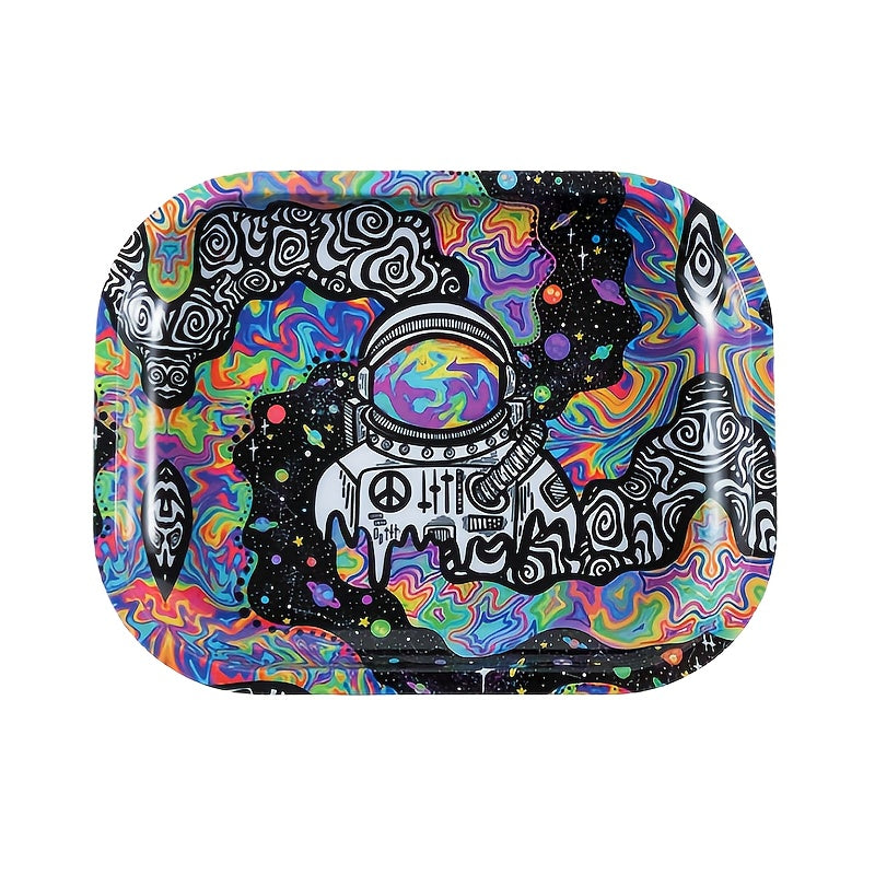 Unisex Metal Rolling Tray, Illustration Design, 19.05x13.97cm for Tobacco Accessories