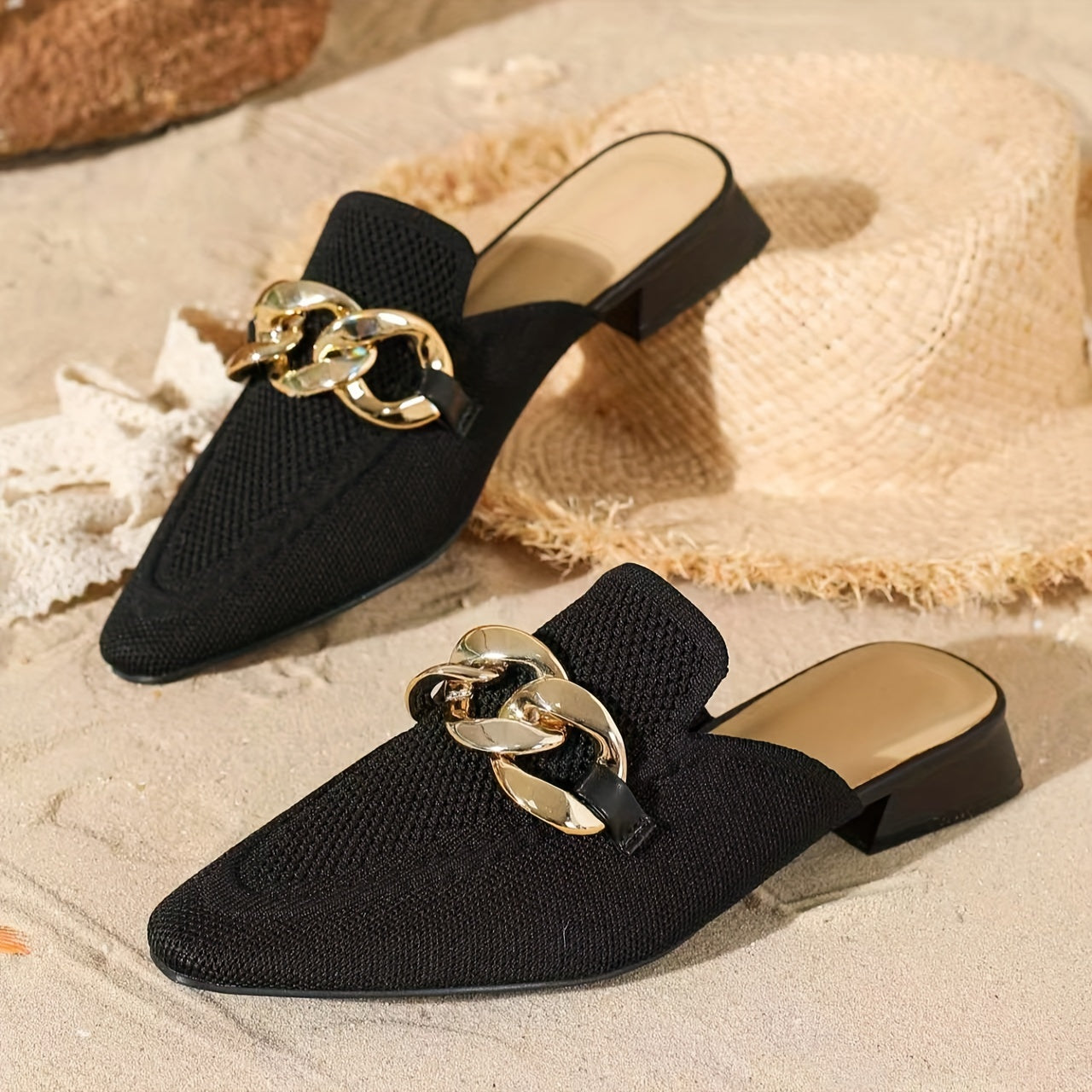 Women's Knitted Mules with Metallic Chain, Breathable Slip-On Shoes