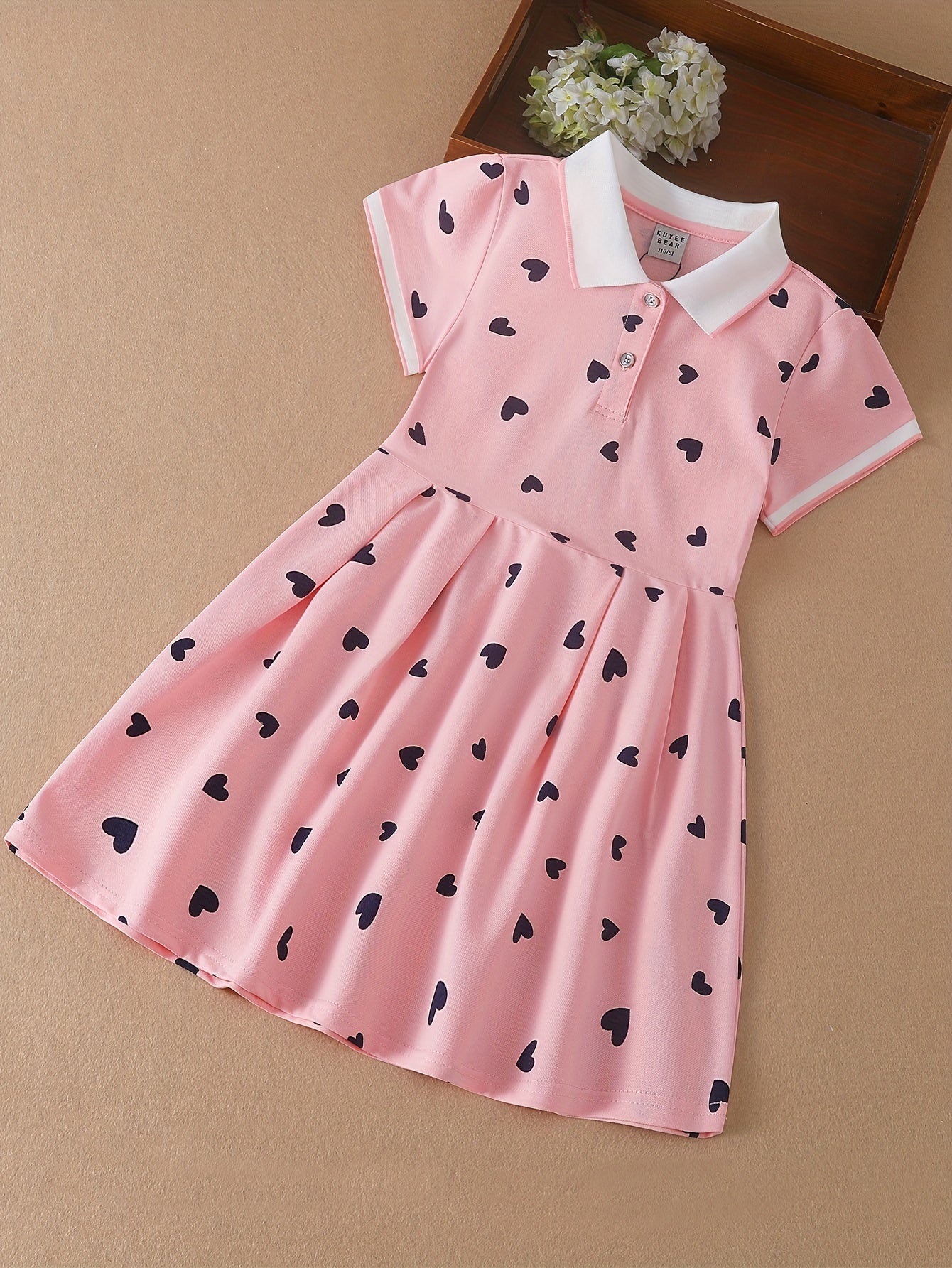 Girls Summer Cotton Blend Dress with Heart Pattern Short Sleeves Knee-Length for School and Performances