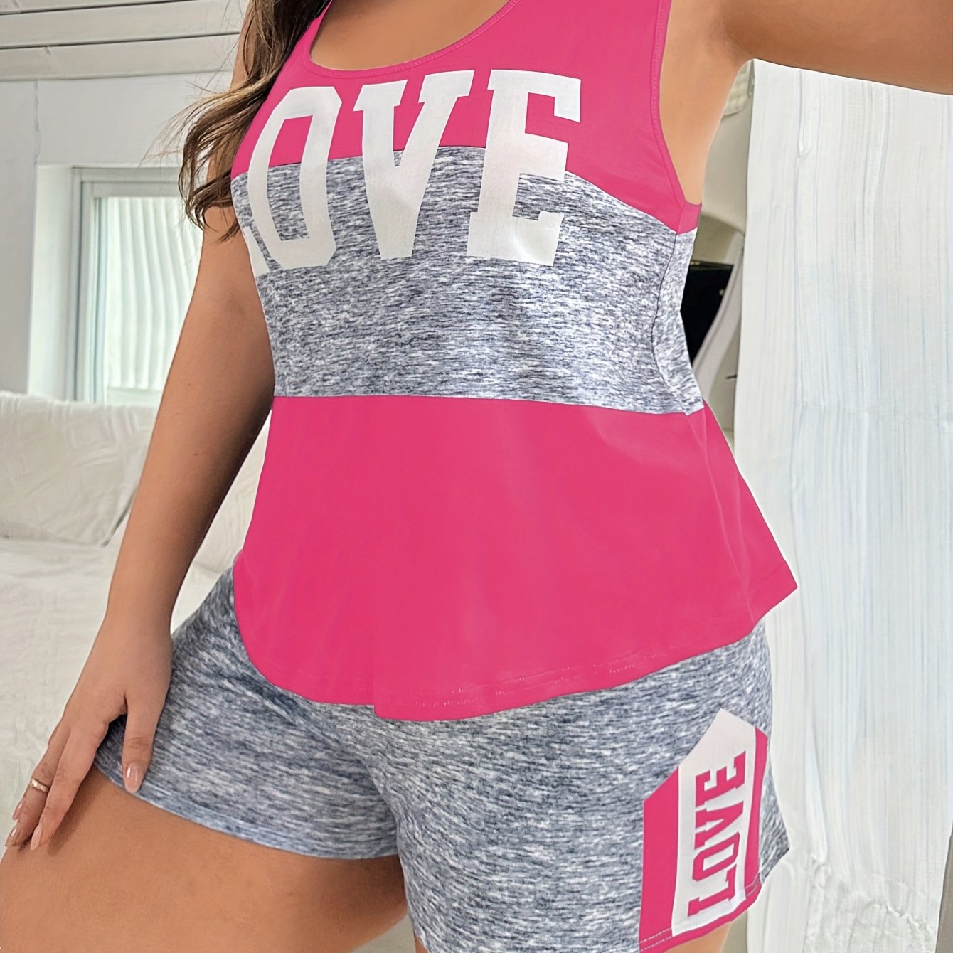 Plus Size Women's Loungewear Pajama Set with Patchwork Love Letter Pattern
