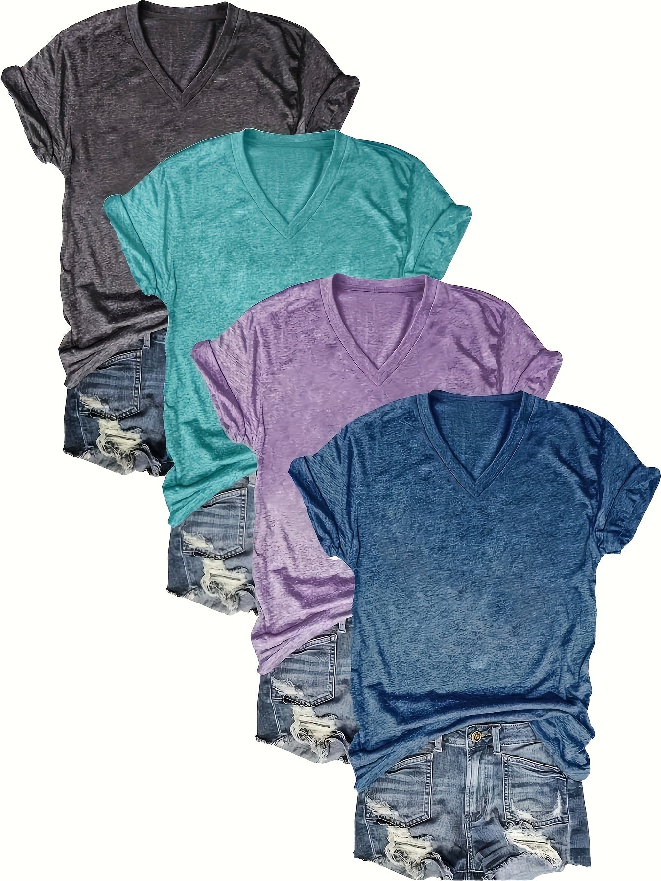 Women Solid Color V-Neck T-Shirts Casual Short Sleeve Spring Summer