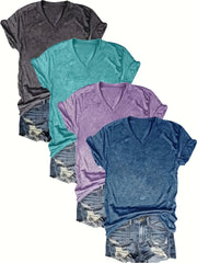 Women Solid Color V-Neck T-Shirts Casual Short Sleeve Spring Summer