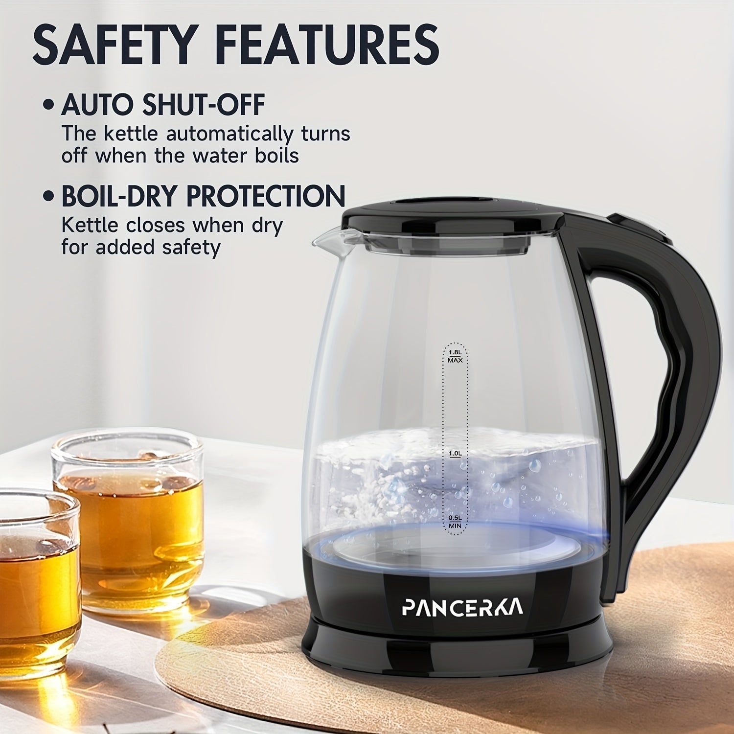 Electric Kettle 1.8L Borosilicate Glass 1500W Auto Shutoff Boil-Dry Protection