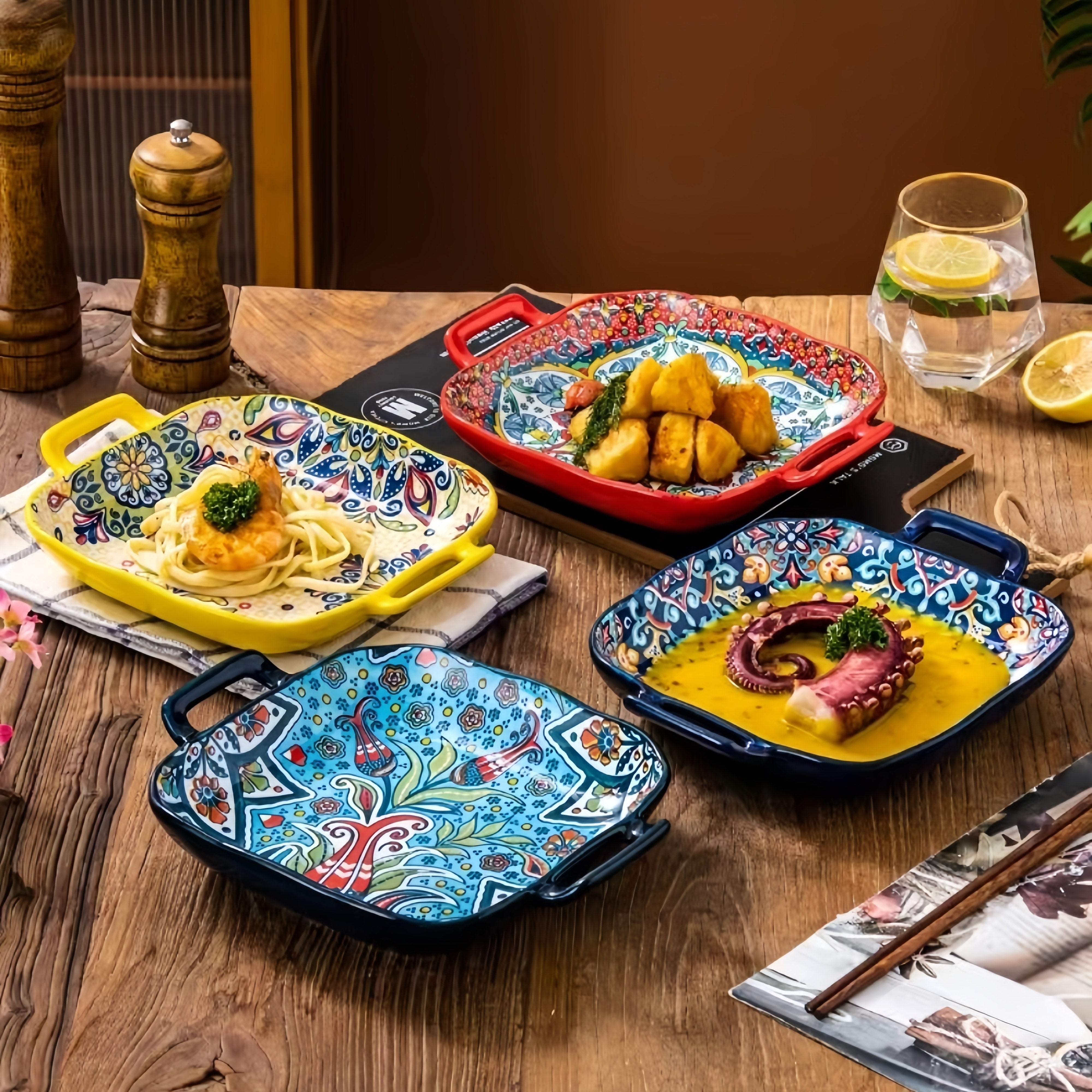 9-Inch Ceramic Salad Bowl with Handles Floral and Geometric Patterns Microwave Safe