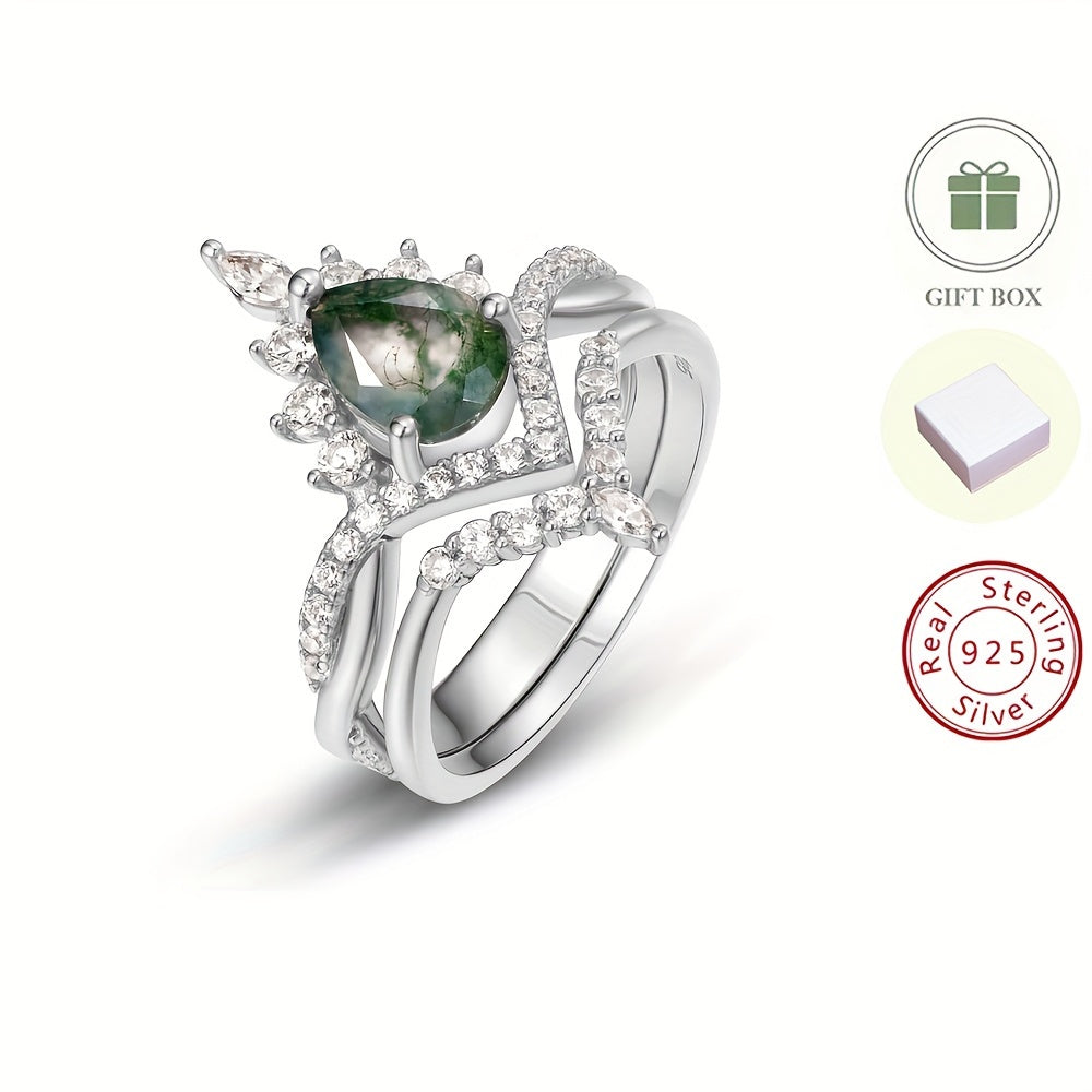 Sterling Silver Moss Agate Double Layer Ring for Weddings Engagements Gift for Her