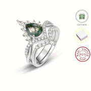 Sterling Silver Moss Agate Double Layer Ring for Weddings Engagements Gift for Her