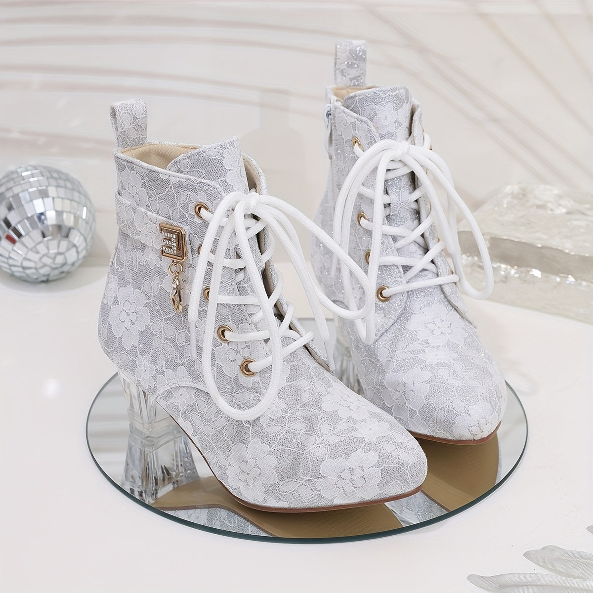 Women's Floral Lace-Up Chunky Mid-Heel Ankle Boots with Pointed Toe